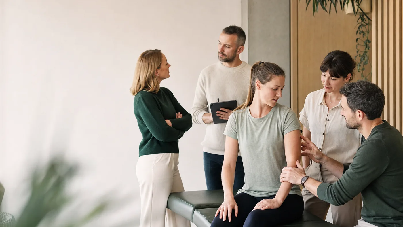Équipe multidisciplinaire de cinq adultes dans un espace de travail clair et moderne