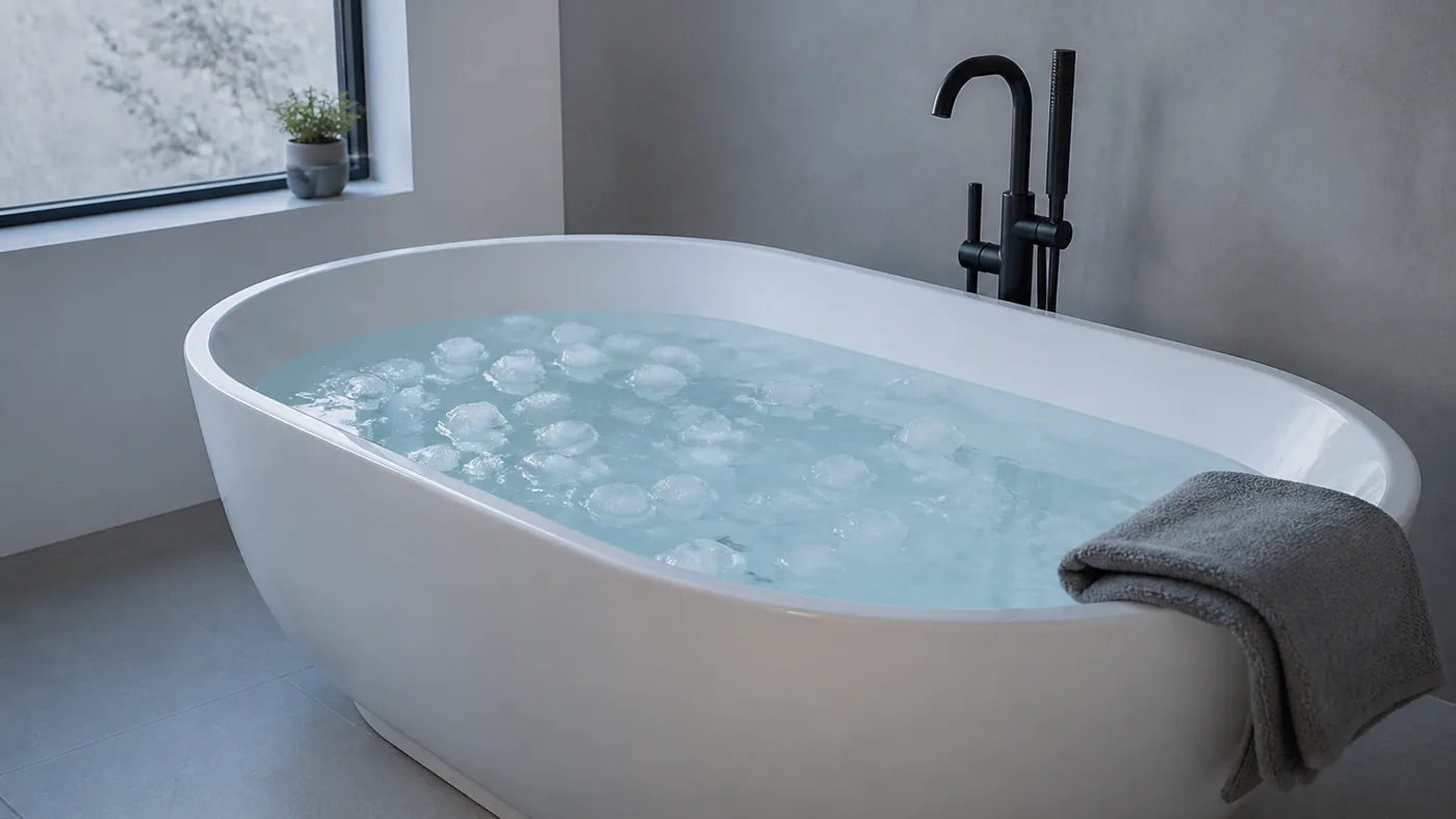 Baignoire remplie d'eau froide avec glaçons dans une salle de bain sobre, serviette pliée sur le rebord