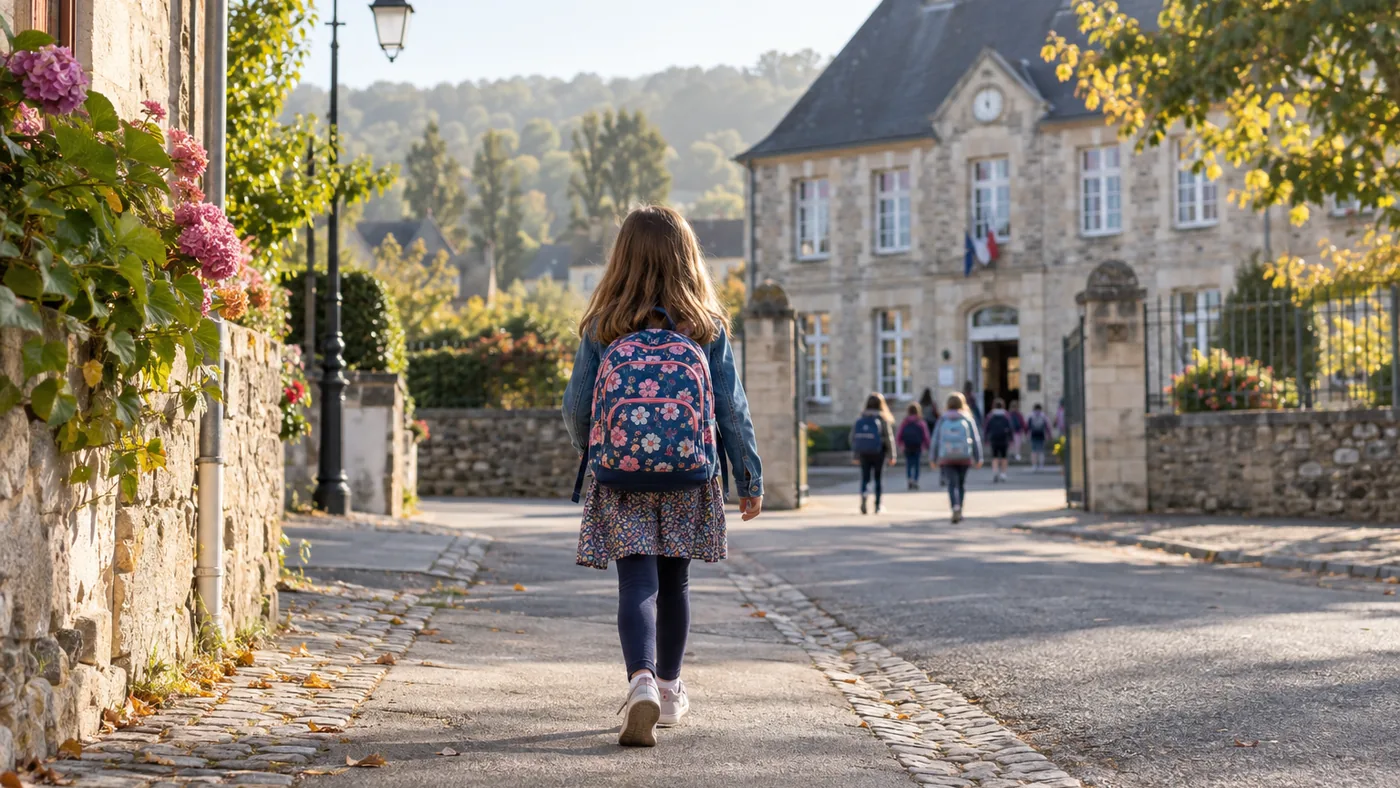Écolier marchant vers l'école avec un cartable sur le dos, matin de rentrée, lumière douce