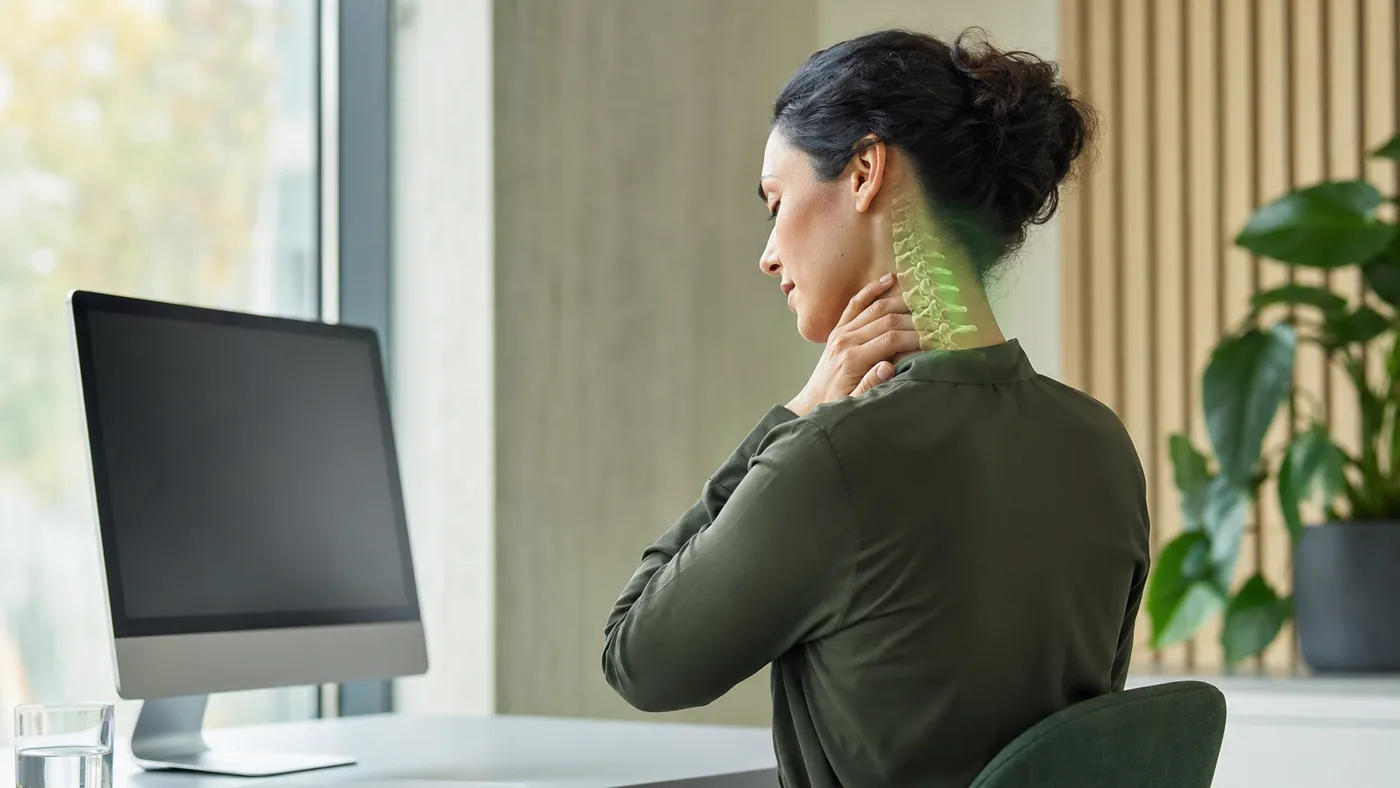 Femme adulte assise devant un ordinateur, touchant légèrement sa nuque dans un bureau lumineux