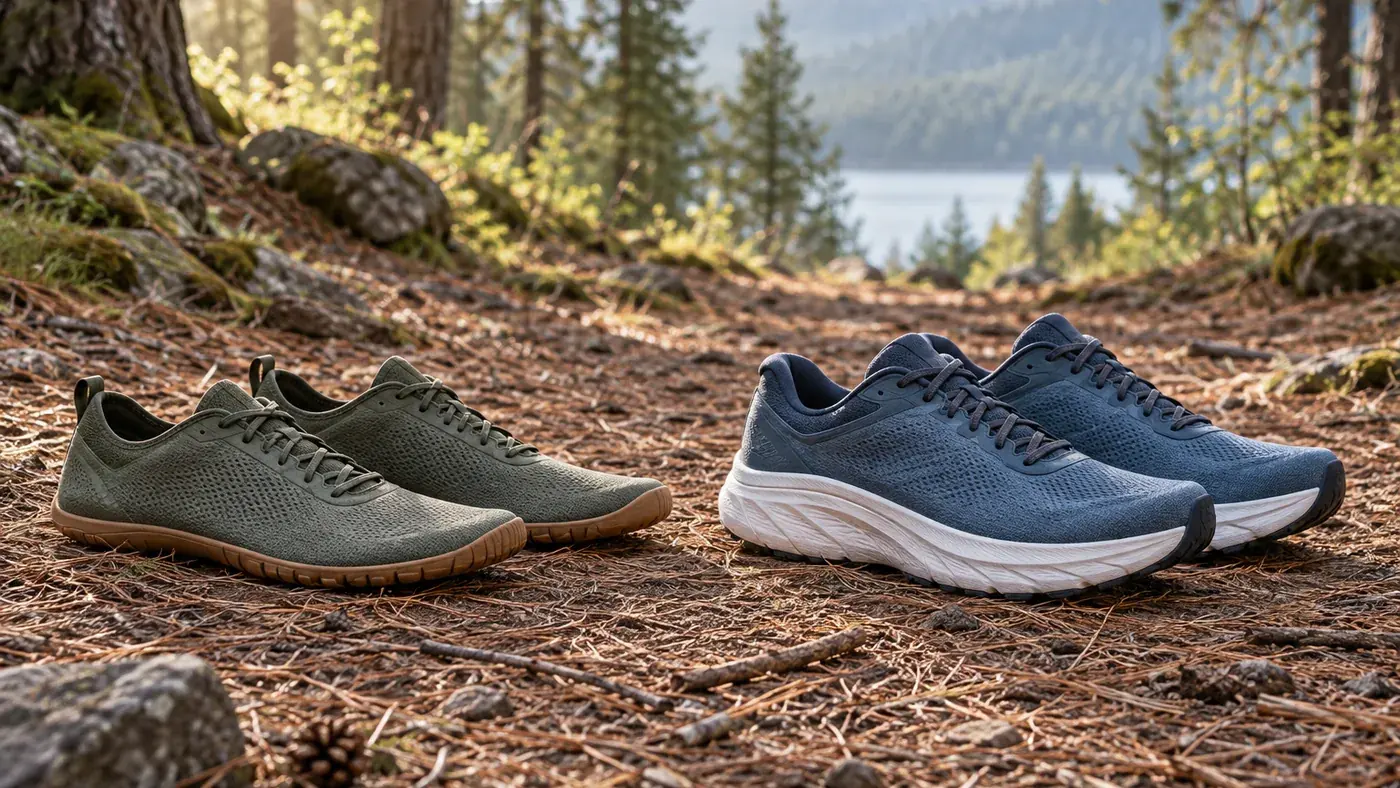Paire de chaussures de course minimalistes à semelle fine posée sur un sentier, à côté d'une paire classique à semelle épaisse