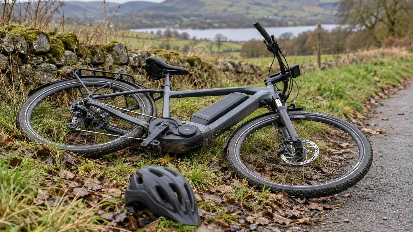 Vélo électrique couché sur une piste cyclable de campagne, sacoche ouverte, casque posé au premier plan