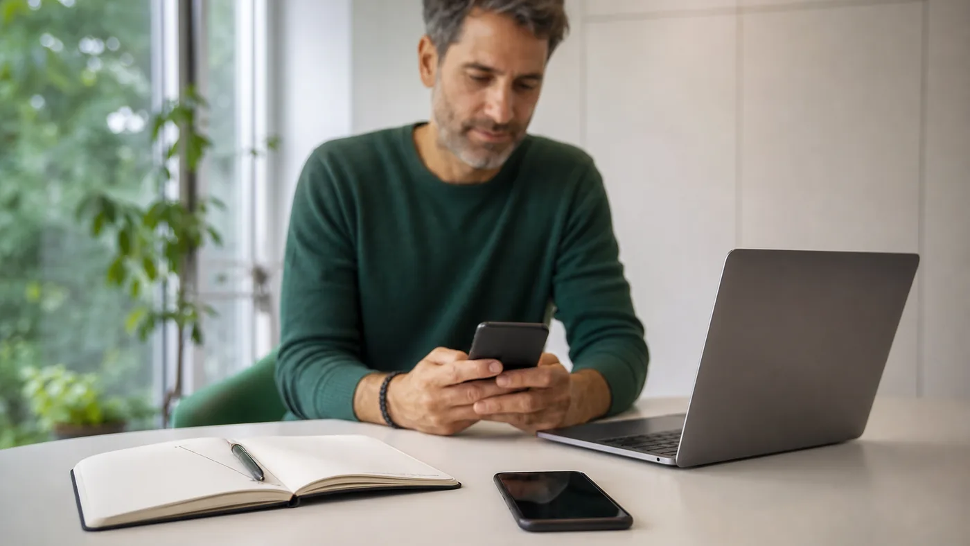 Table claire avec un carnet, un smartphone et un ordinateur, une personne répondant à un message en arrière-plan
