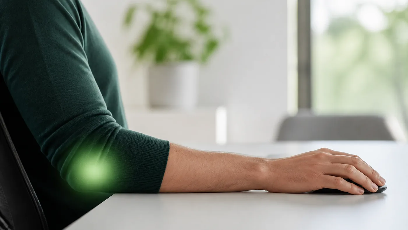 Avant-bras posé sur un bureau clair, main sur une souris, halo vert discret au niveau du coude