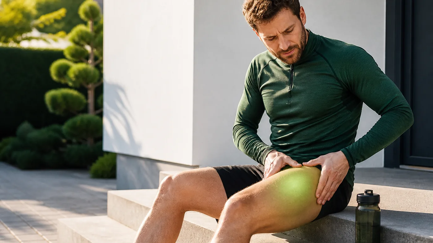 Coureur assis sur des marches après l'effort, massant sa cuisse, bouteille d'eau posée à côté