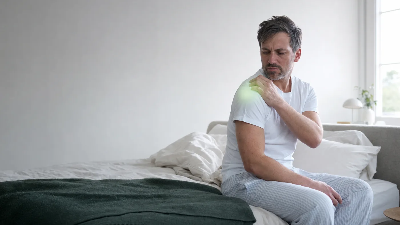 Adulte assis au bord d'un lit à l'aube, une main posée sur l'épaule opposée