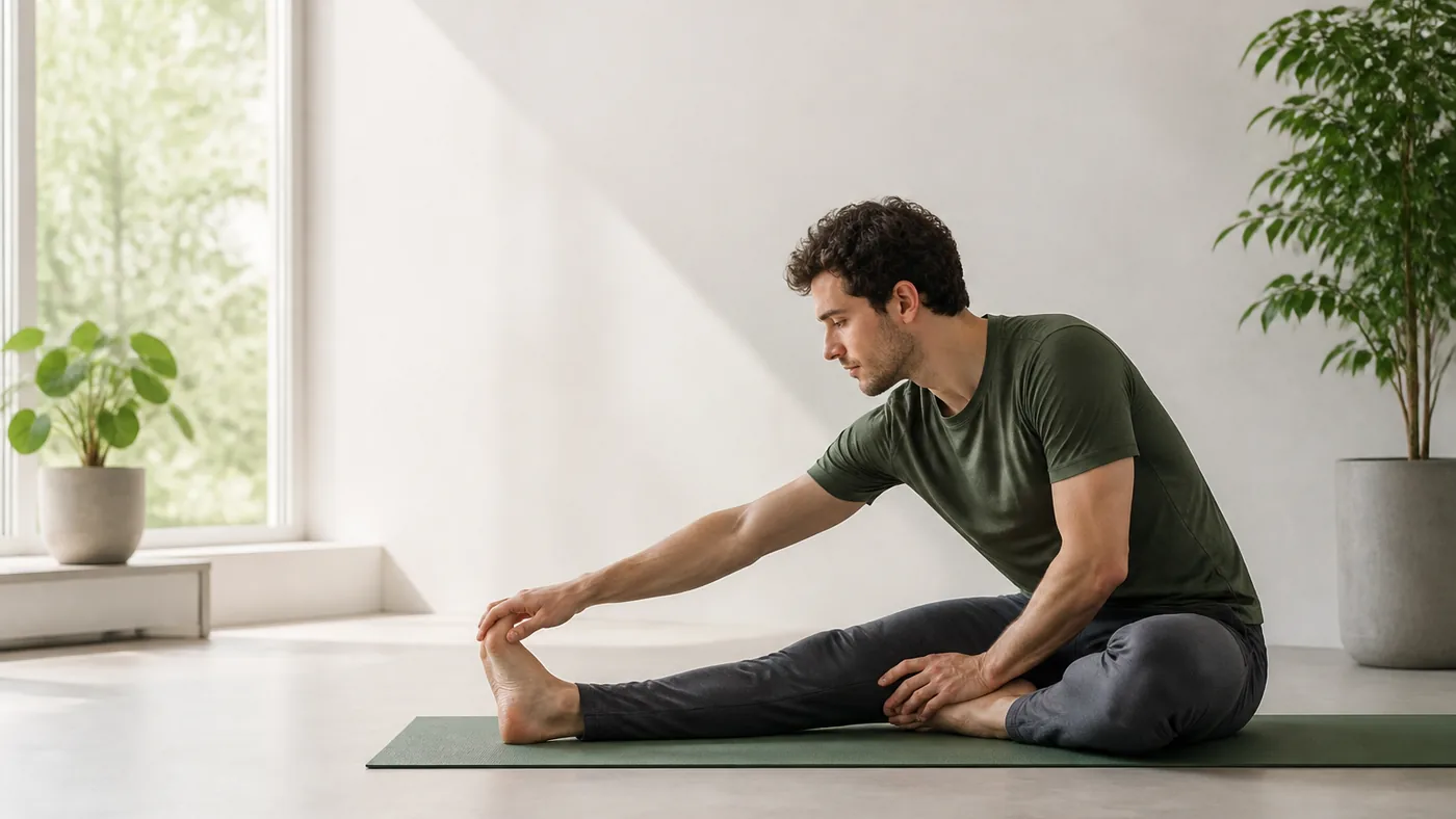 Adulte assis sur un tapis dans une pièce lumineuse, étirant doucement l'arrière de la jambe