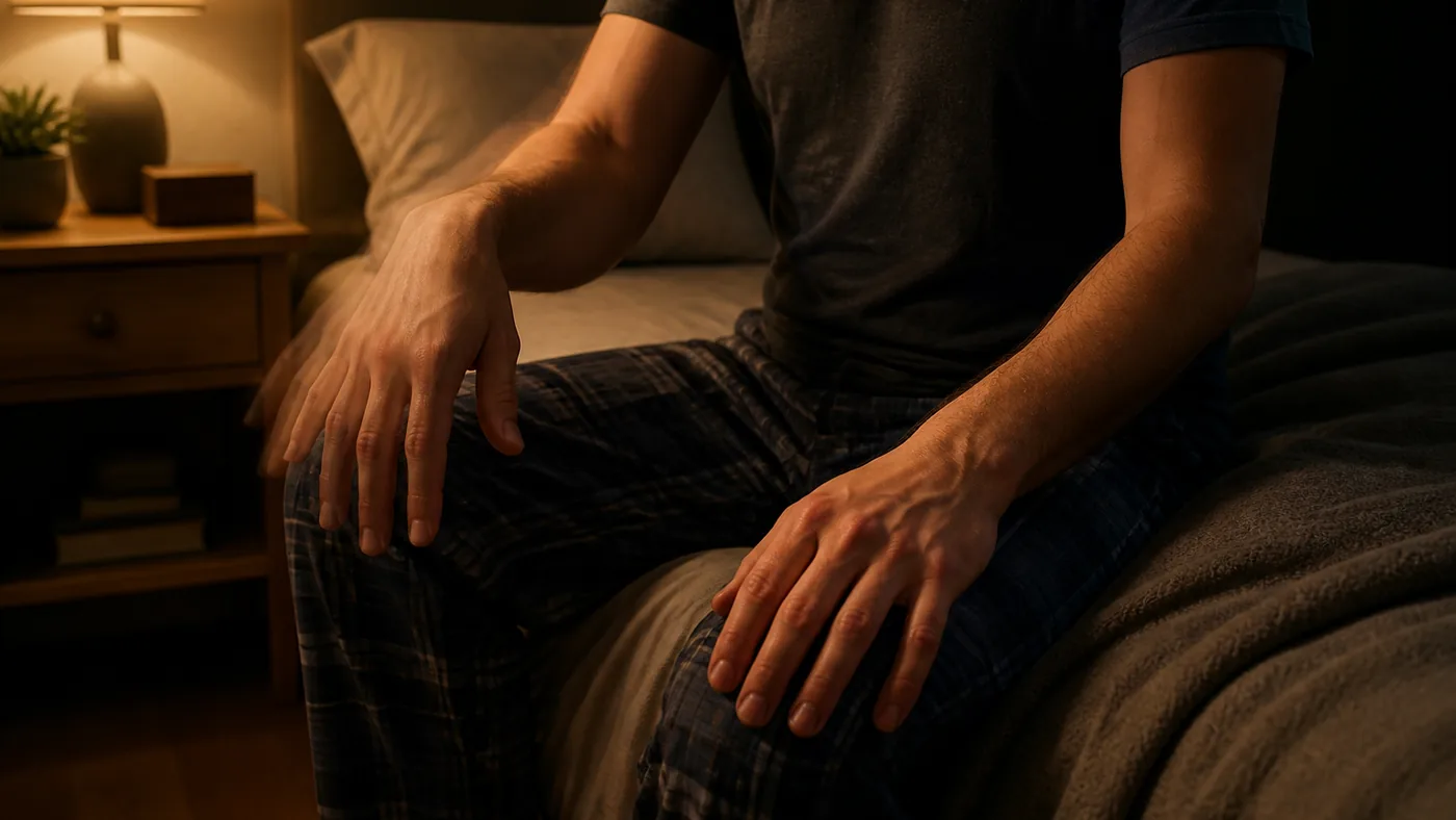 Personne assise au bord du lit la nuit, secouant doucement sa main, poignet fléchi