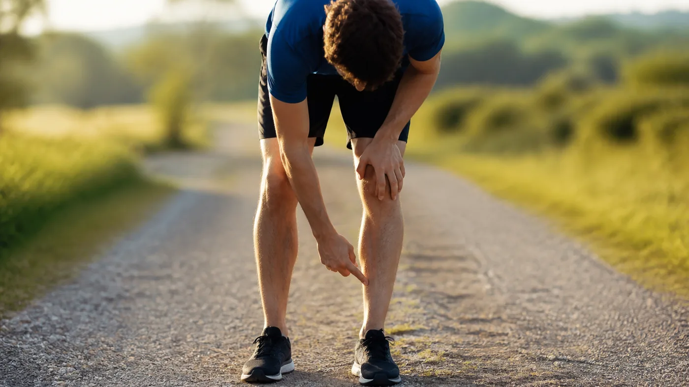 Coureur arrêté sur un chemin, penché vers son tibia, main posée sur un point précis de l'os