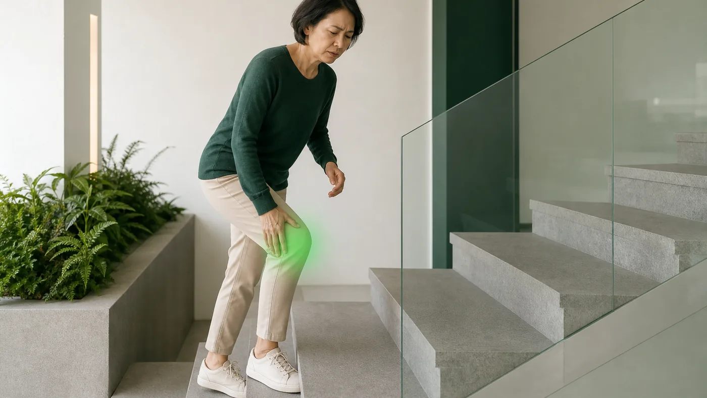 Adulte montant lentement un escalier moderne, une main proche du genou
