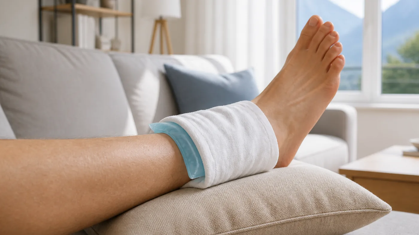 Poche de froid souple posée sur une cheville au repos, surélevée sur un coussin