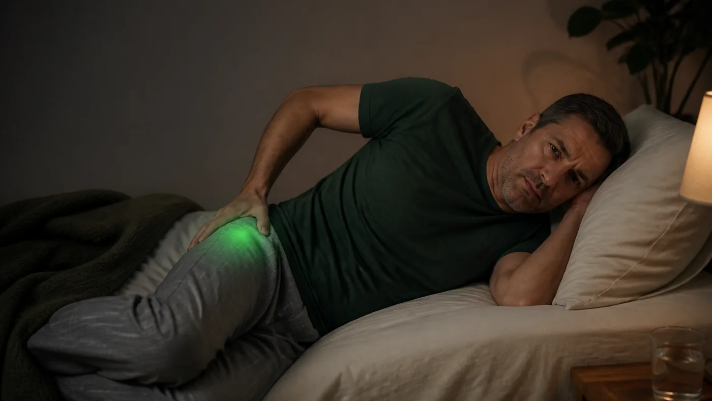 Adulte allongé sur le côté dans un lit, une main portée à la hanche, lumière tamisée
