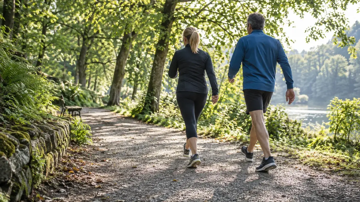 Deux personnes marchant d'un bon pas sur un chemin de parc bordé d'arbres, l'une légèrement devant l'autre