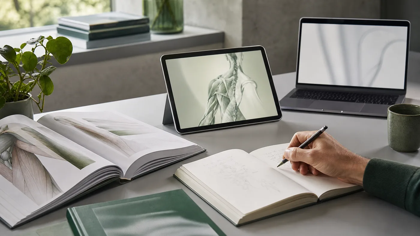 Bureau éditorial avec publications scientifiques, tablette affichant une illustration anatomique et carnet de notes