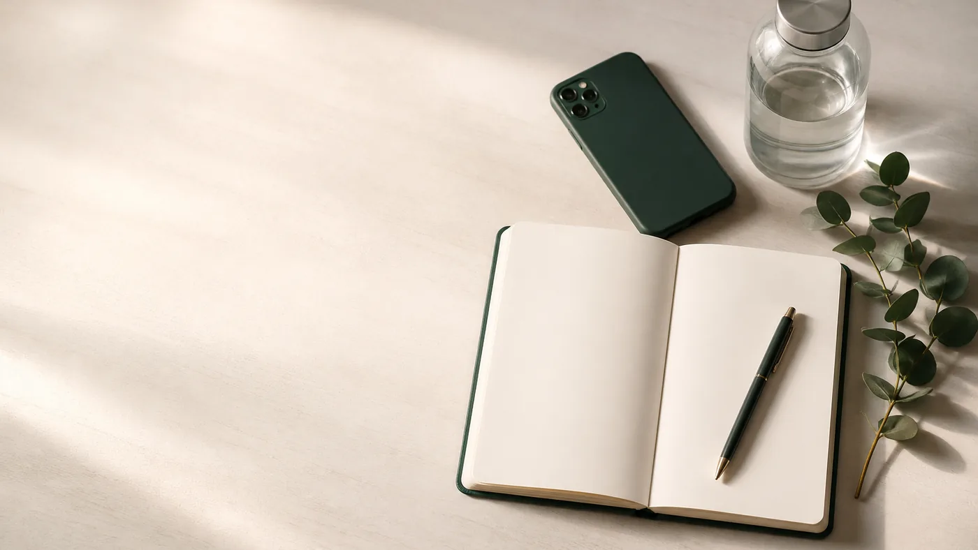 Carnet ouvert, téléphone et bouteille d'eau en verre sur une table claire