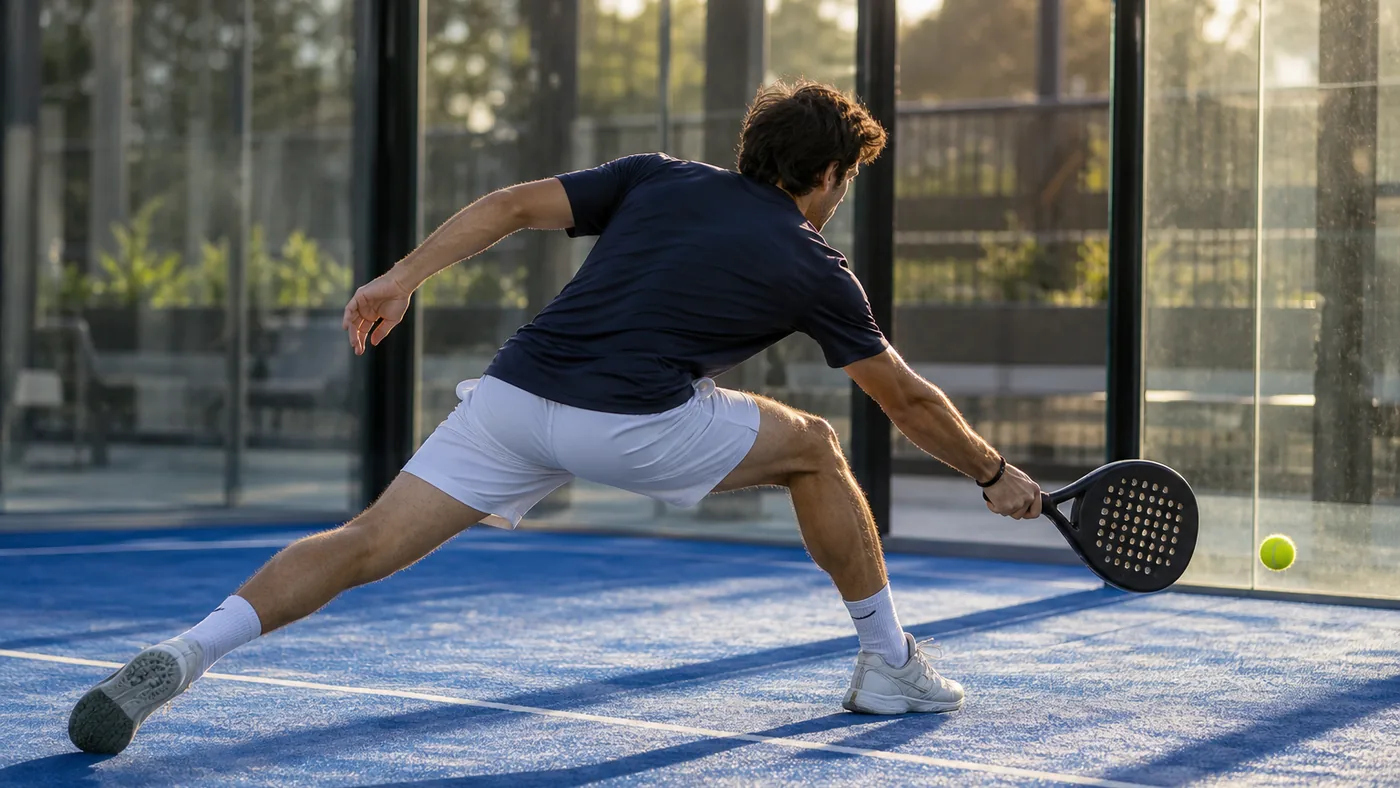 Joueur de padel en plein échange près de la vitre du court, raquette à deux mains, lumière de fin de journée