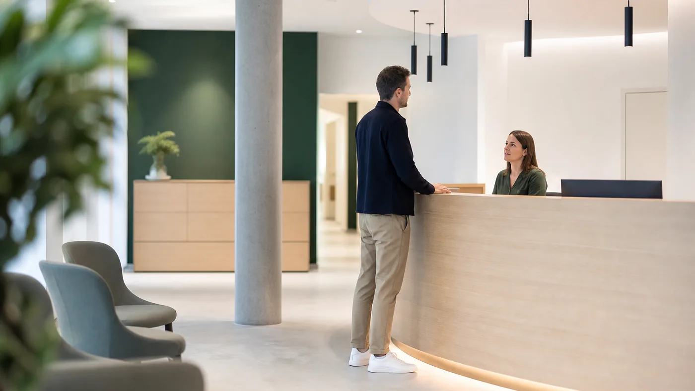 Personne à l'accueil d'un centre médical moderne et lumineux, comptoir en bois clair