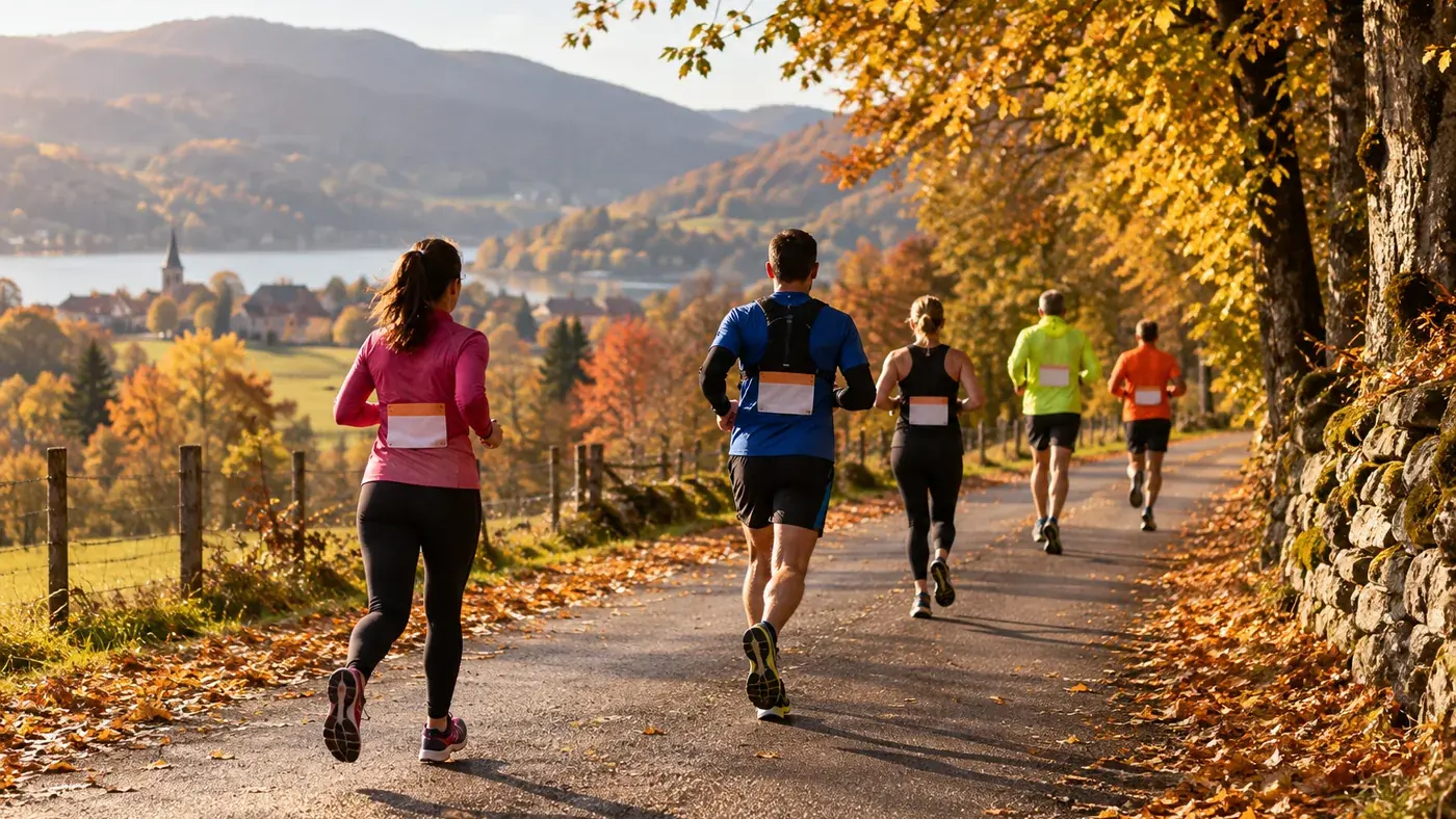 Groupe de coureurs amateurs sur une route de campagne en automne, feuillages dorés, dossards colorés