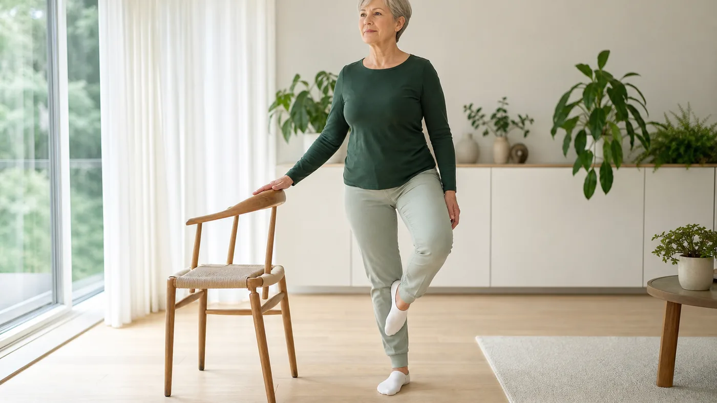 Femme senior réalisant un exercice d'équilibre sur une jambe en effleurant le dossier d'une chaise, dans un salon lumineux