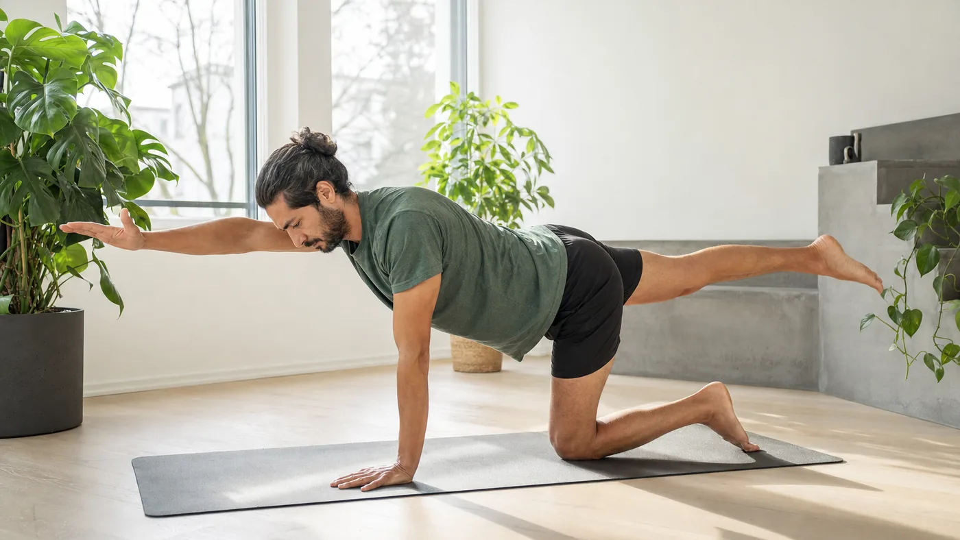 Adulte réalisant un exercice de renforcement au sol sur un tapis, dans un intérieur lumineux