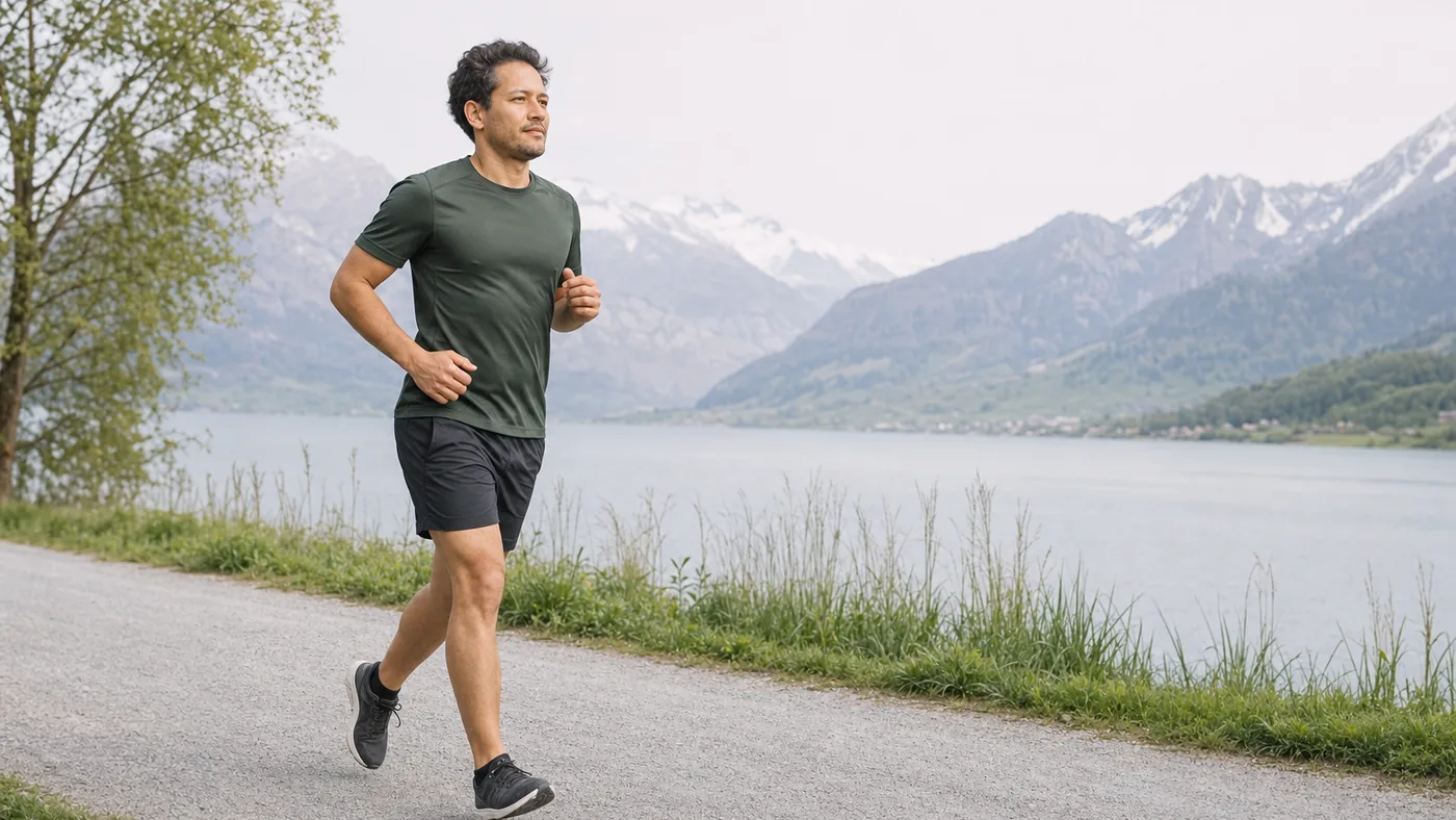 Coureur amateur reprenant la course sur un chemin plat, lumière du matin
