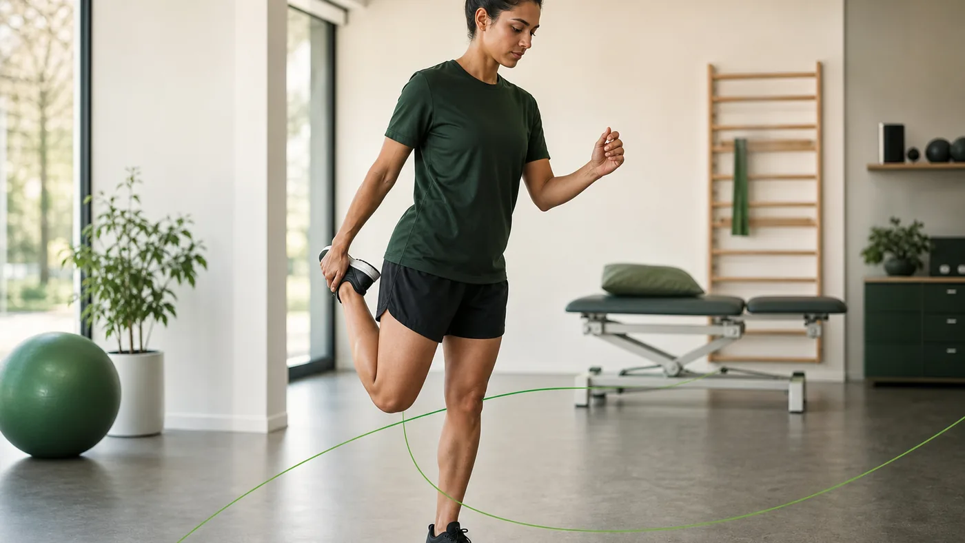Sportif amateur réalisant un exercice d'équilibre sur une jambe dans un espace de rééducation lumineux