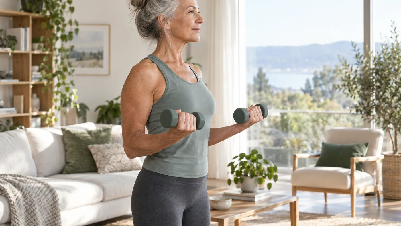 Personne d'une soixantaine d'années souriante faisant un exercice avec des haltères légers dans un salon lumineux
