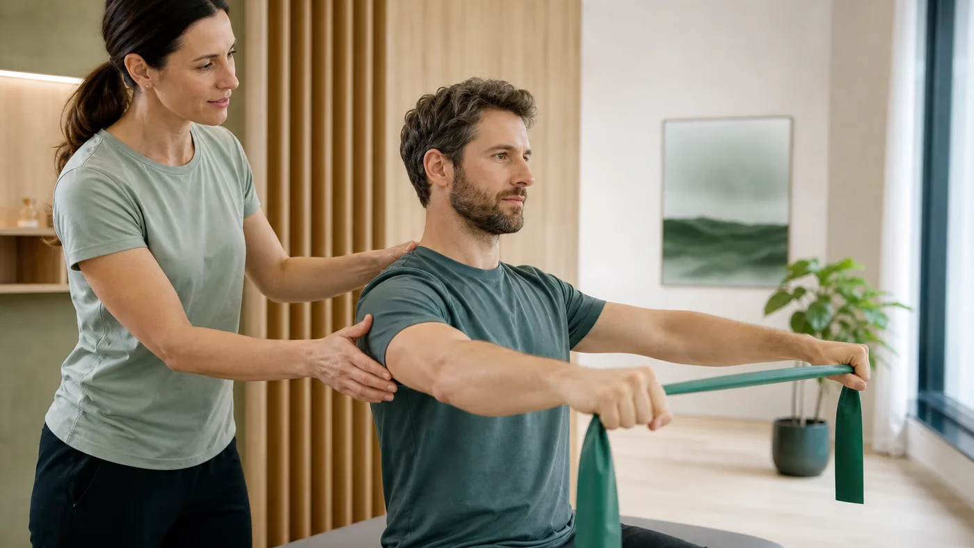 Physiothérapeute guidant un patient dans un exercice d'épaule avec un élastique, cabinet moderne et lumineux