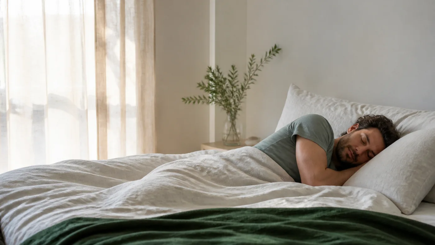Adulte dormant paisiblement sur le côté dans une chambre minimaliste à l'aube
