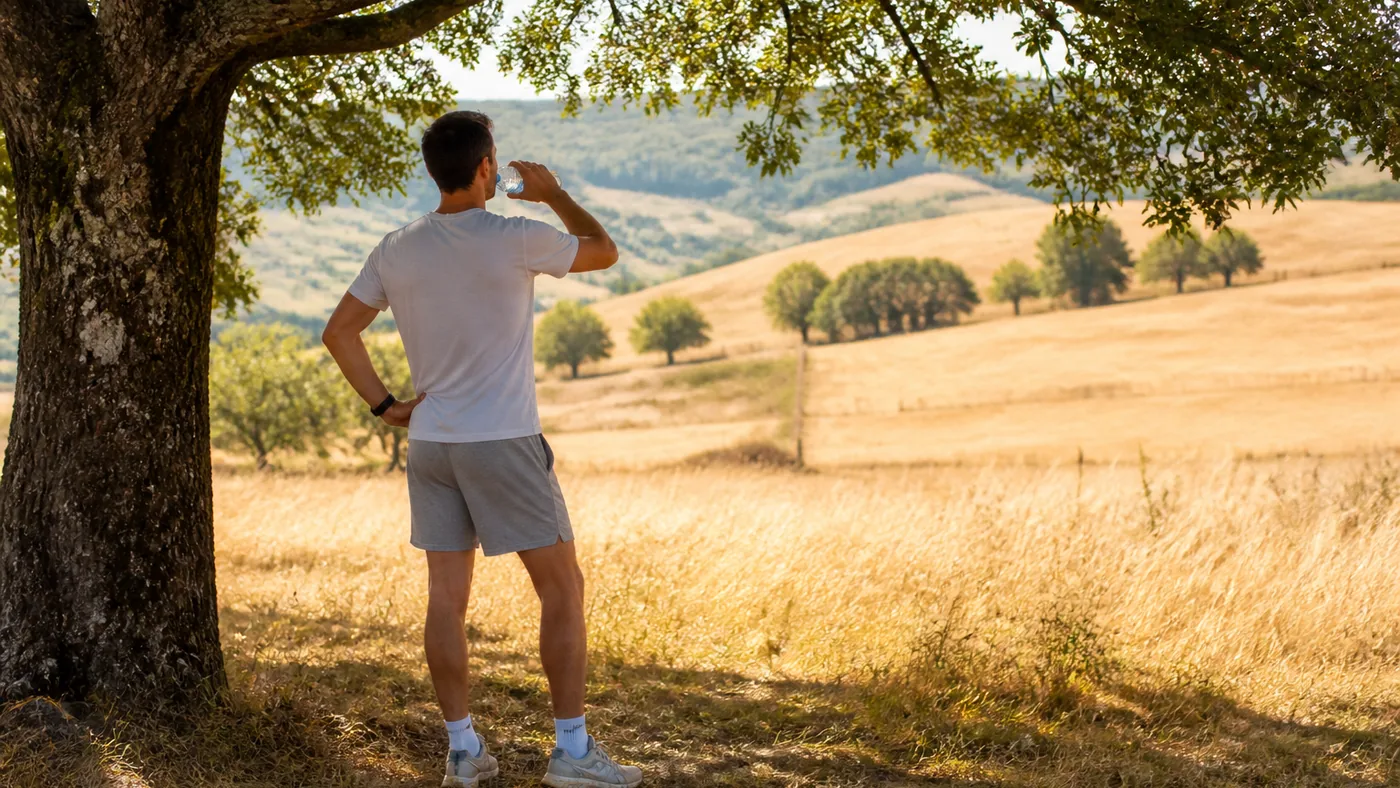 Coureur faisant une pause à l'ombre d'un arbre en plein été, gourde à la main, lumière chaude de fin de journée