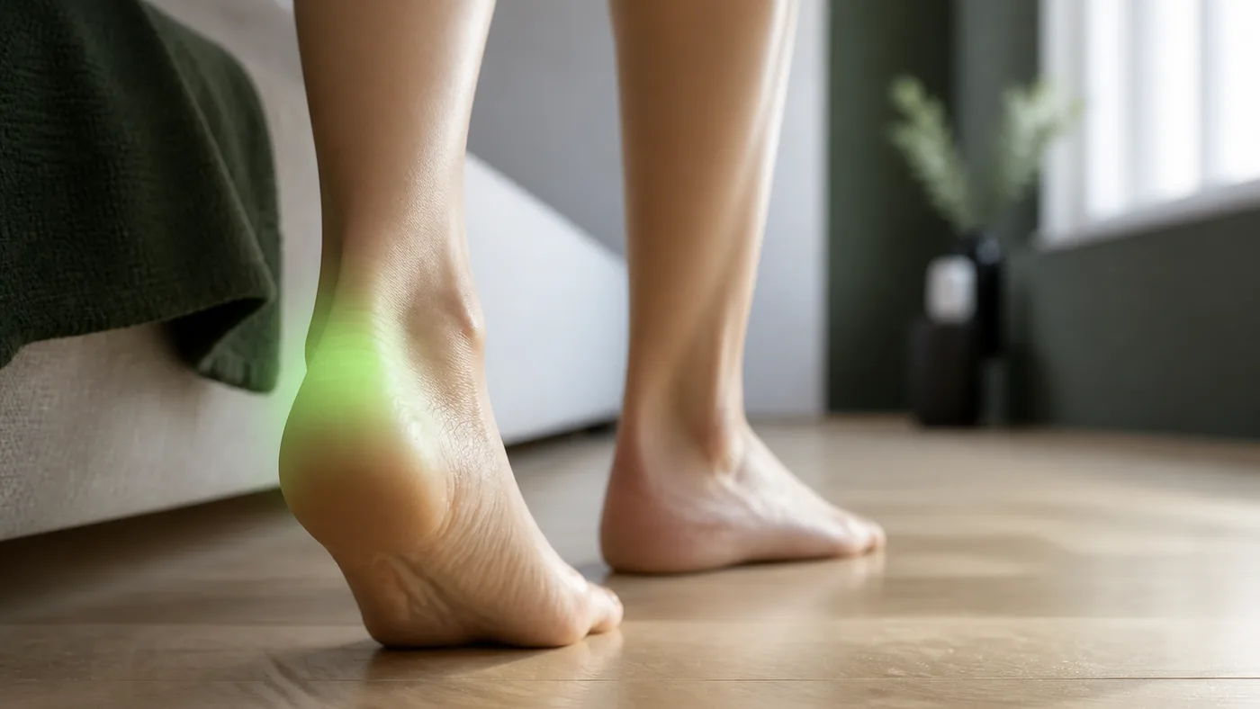 Pieds nus au bord d'un lit sur un parquet clair au petit matin, halo vert discret sur un talon