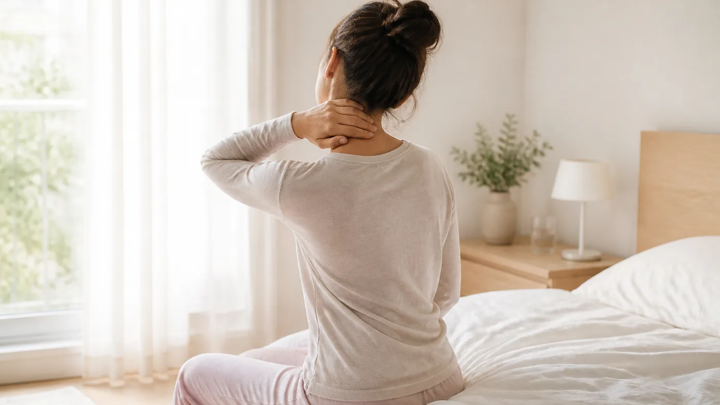 Adulte assis au bord du lit au matin, main posée sur le côté du cou, tête légèrement inclinée