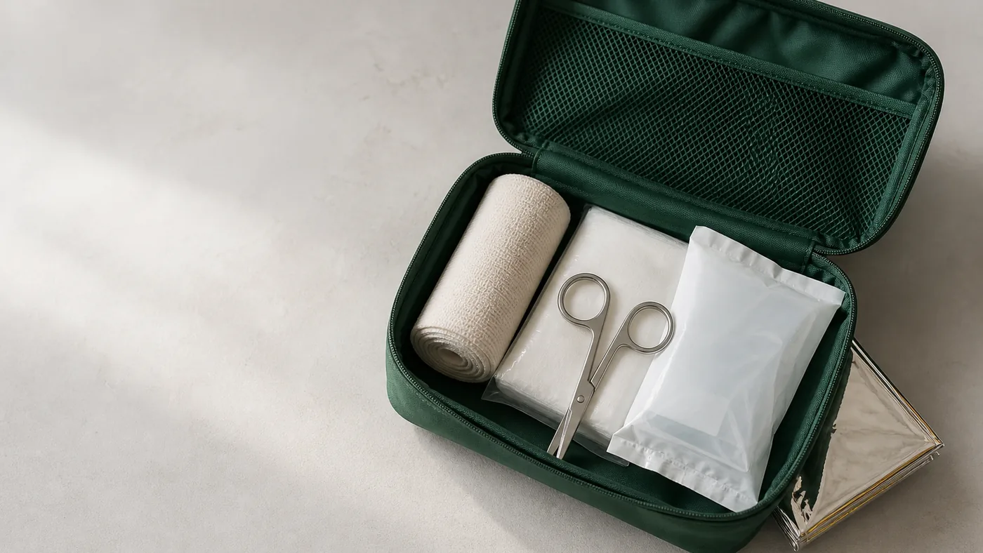 Trousse de secours ouverte sur une table claire : bande élastique, compresses, poche de froid, ciseaux et ruban adhésif