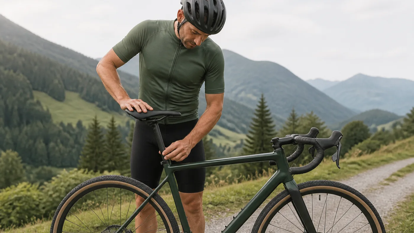 Cycliste ajustant la hauteur de selle de son vélo en extérieur, casque sur la tête